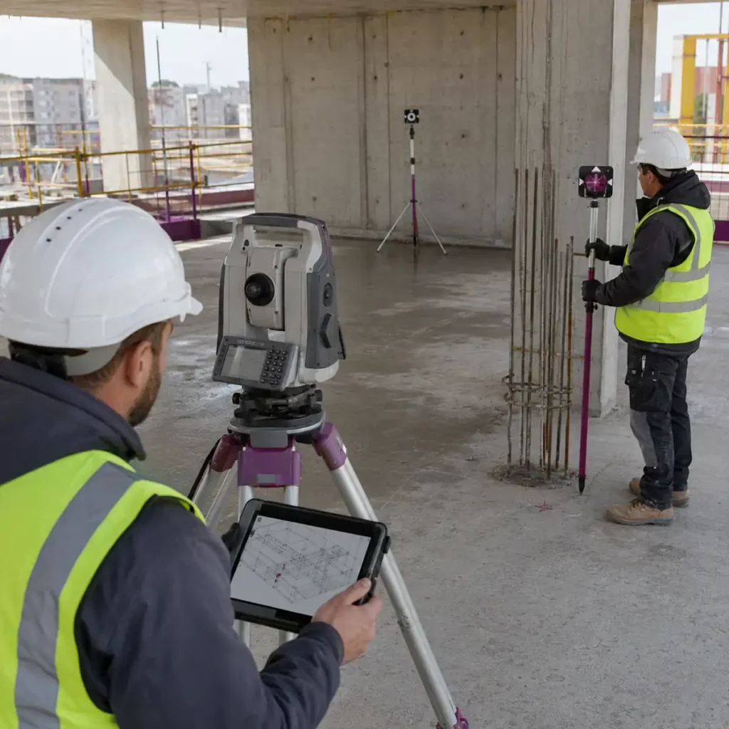Kontrol noktası, total station ve prizma kullanılarak yürütülen yapı aplikasyon süreci