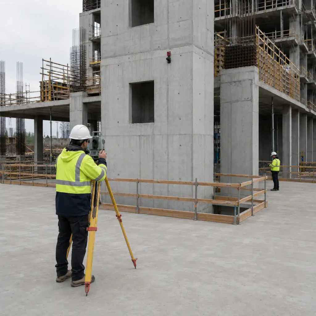 Betonarme çekirdek duvar, kolon ve döşeme elemanlarının ölçüldüğü yüksek yapı şantiyesi