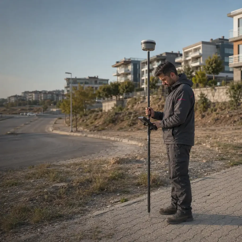 GNSS alıcısı ile arazi detaylarını ölçen harita uzmanı