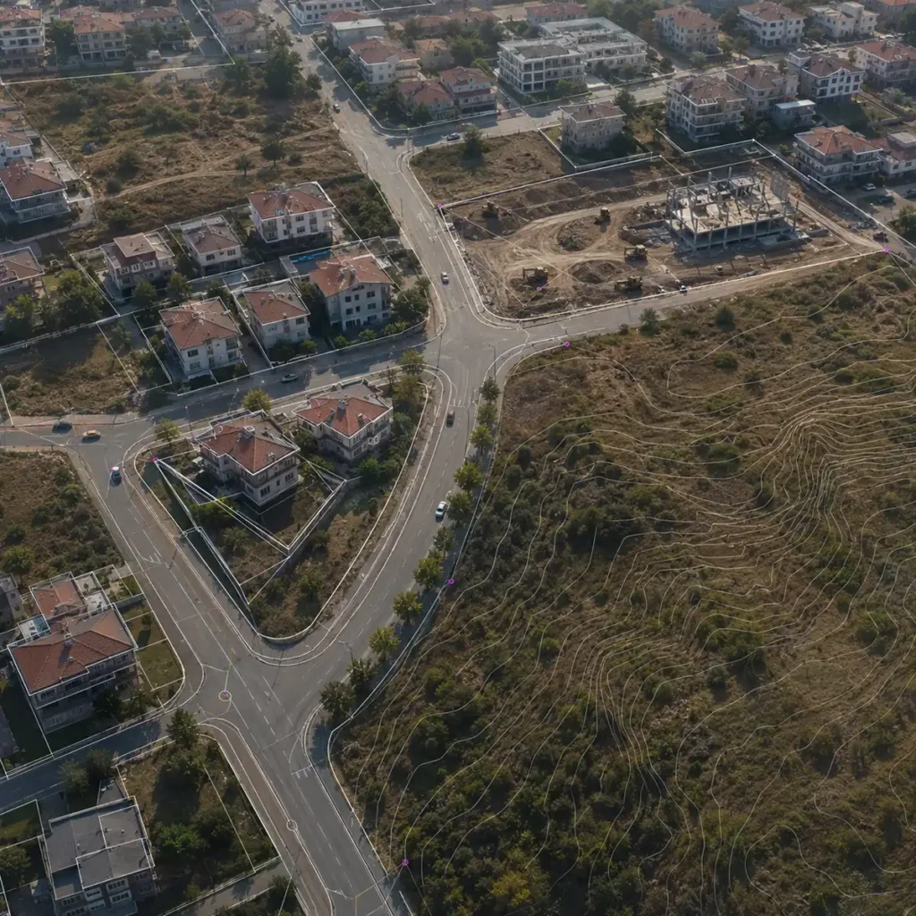 Kentsel alanın hava görüntüsü üzerinde topografik harita katmanları