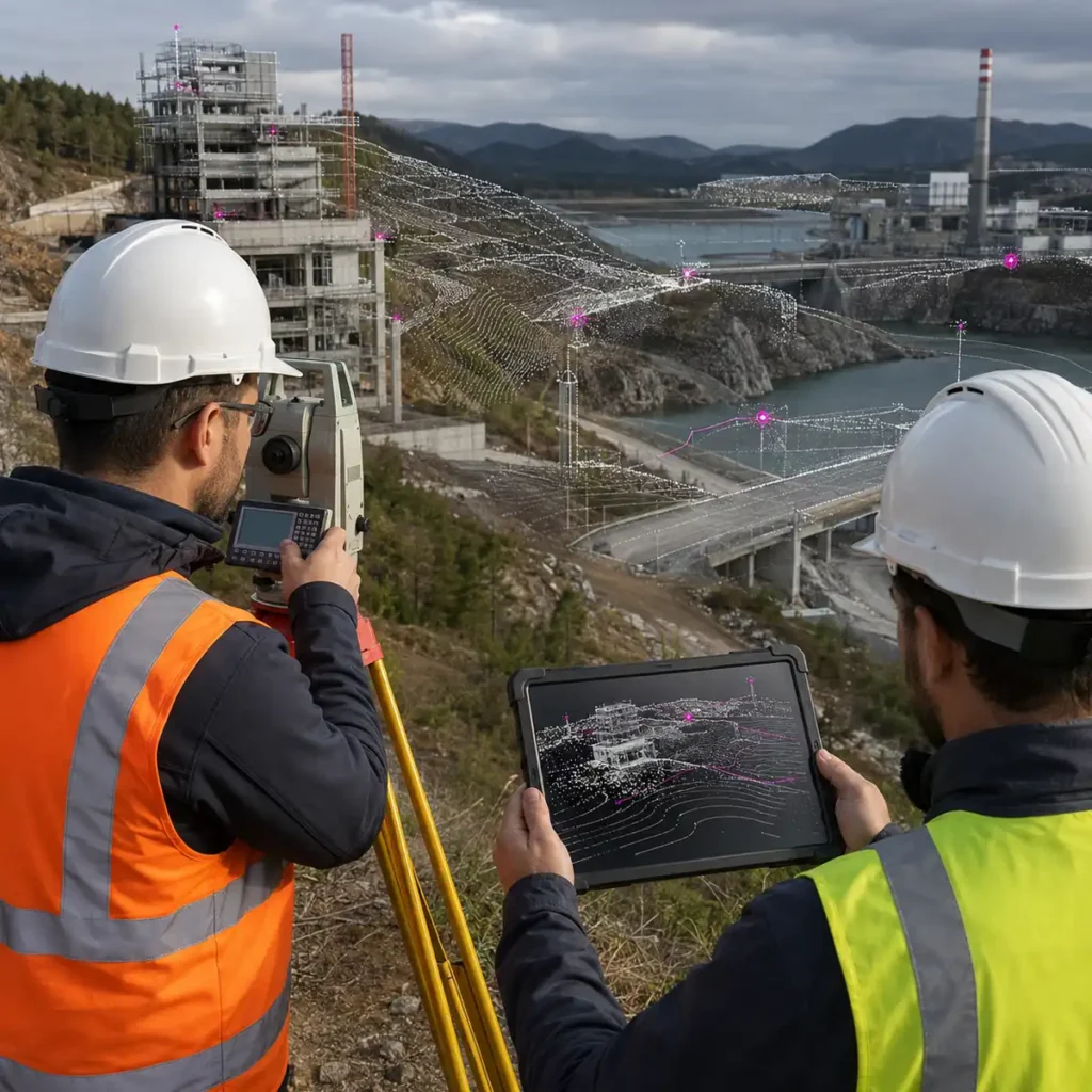 Geomatik uzmanları, yapı ve altyapı sahasında total station ile ölçüm yaparken mekânsal verileri tablet üzerinden inceliyor.