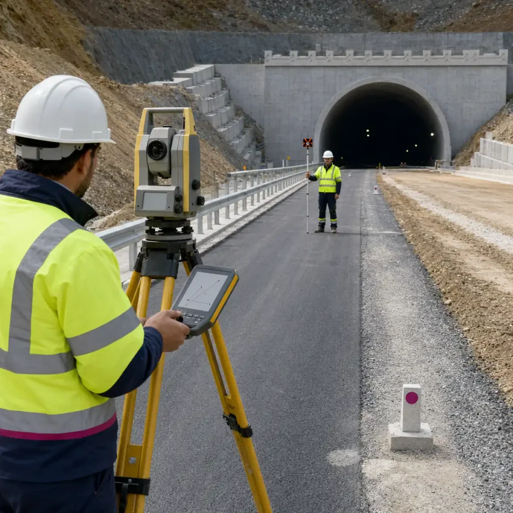 Tünel yaklaşımında kontrol noktaları ve total station kullanılarak yürütülen ölçüm süreci